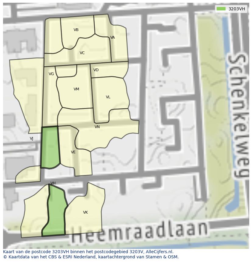 Afbeelding van het postcodegebied 3203 VH op de kaart.
