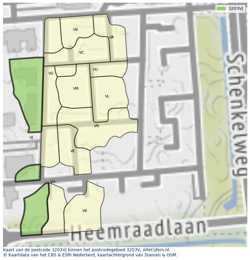 Afbeelding van het postcodegebied 3203 VJ op de kaart.