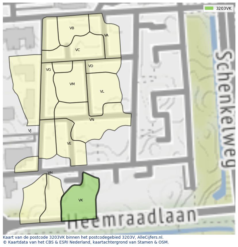 Afbeelding van het postcodegebied 3203 VK op de kaart.