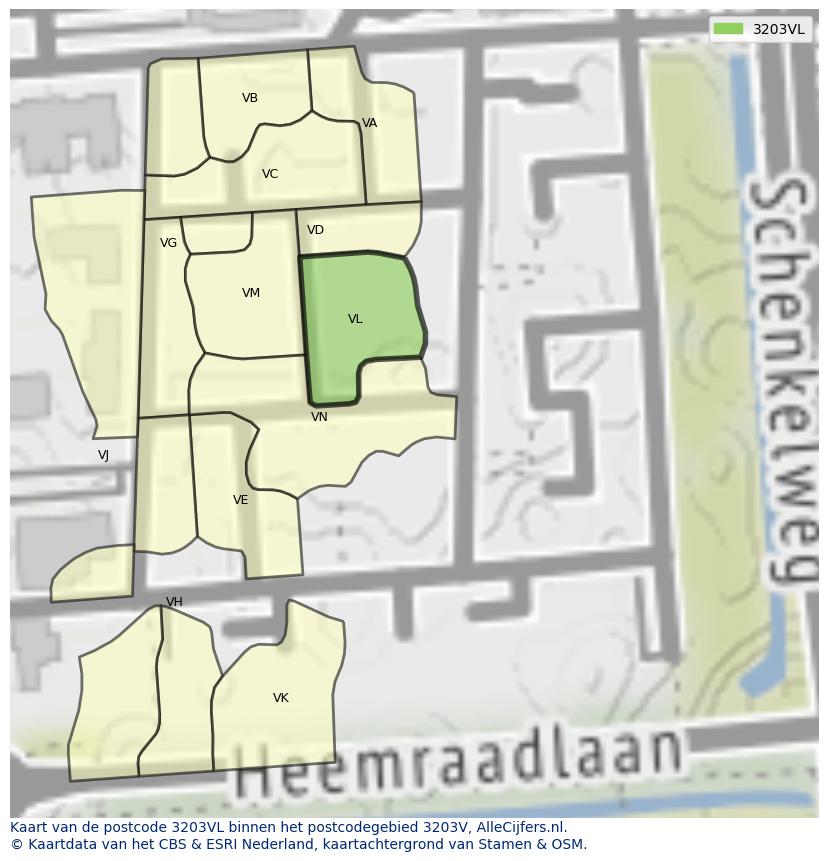 Afbeelding van het postcodegebied 3203 VL op de kaart.