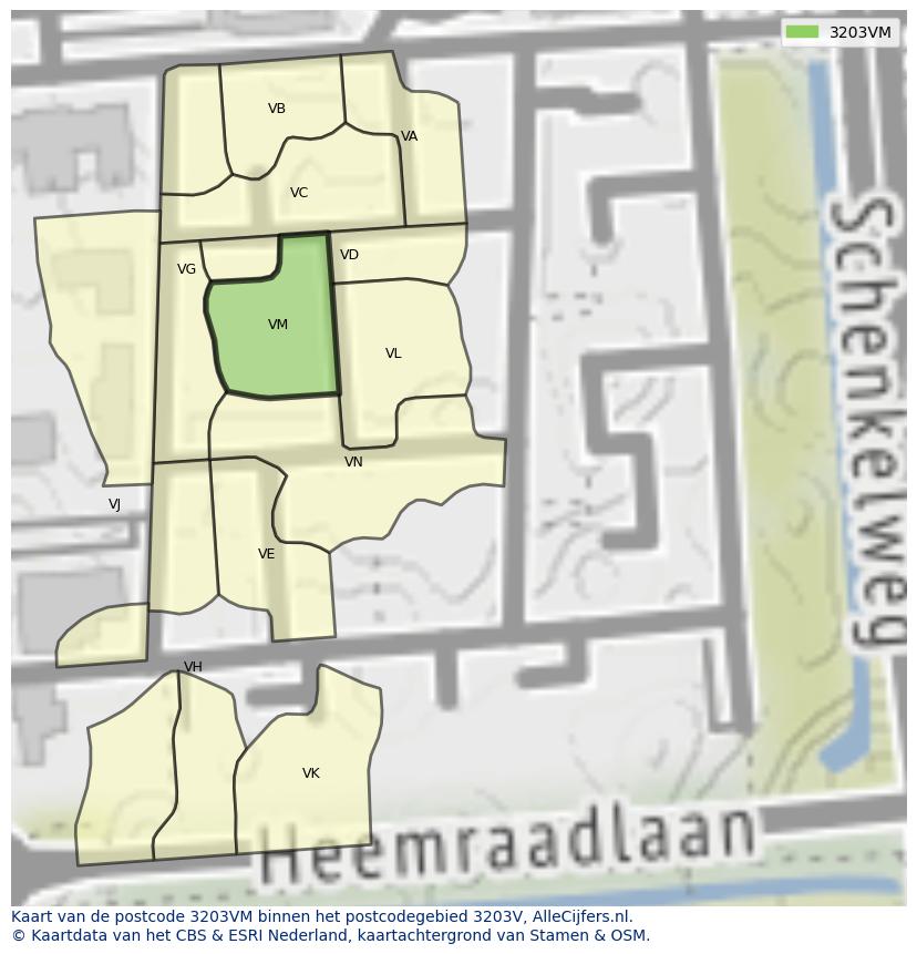 Afbeelding van het postcodegebied 3203 VM op de kaart.