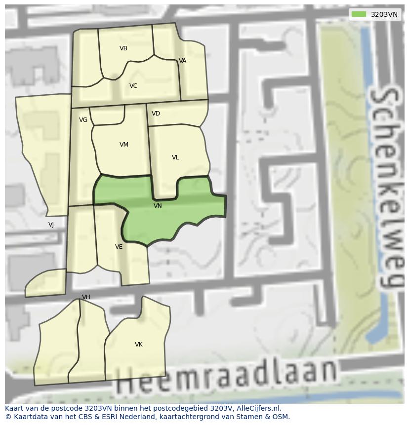 Afbeelding van het postcodegebied 3203 VN op de kaart.