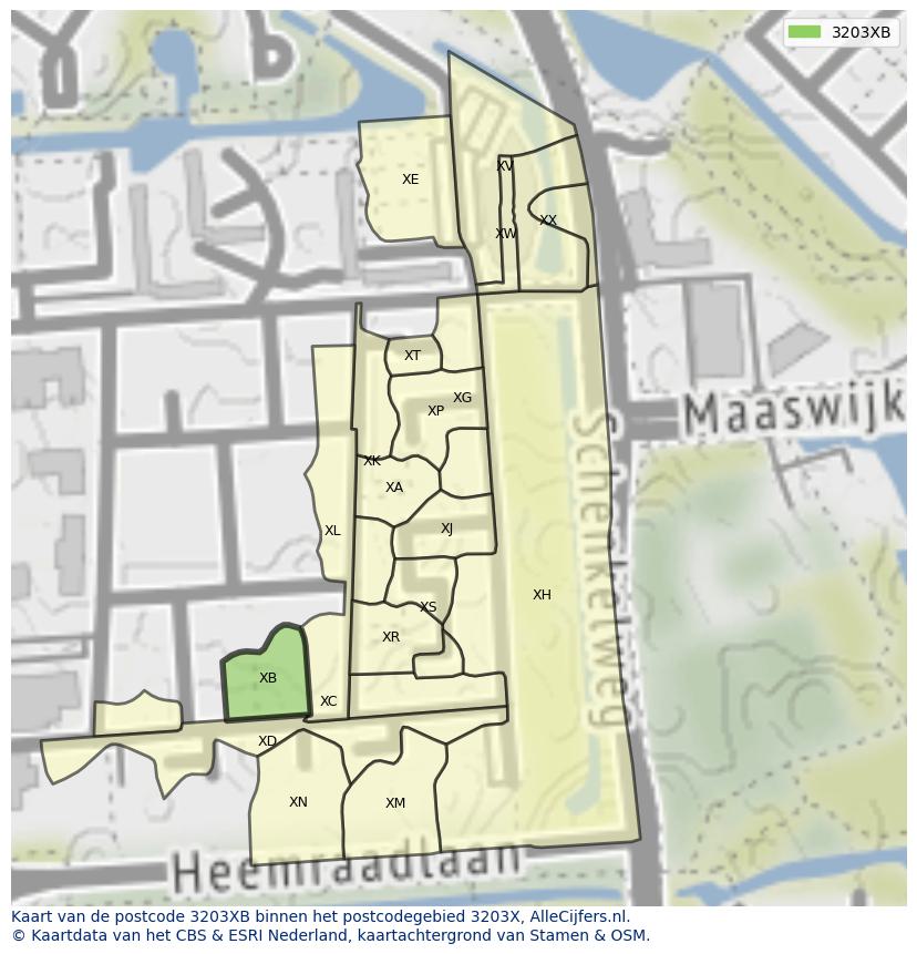 Afbeelding van het postcodegebied 3203 XB op de kaart.