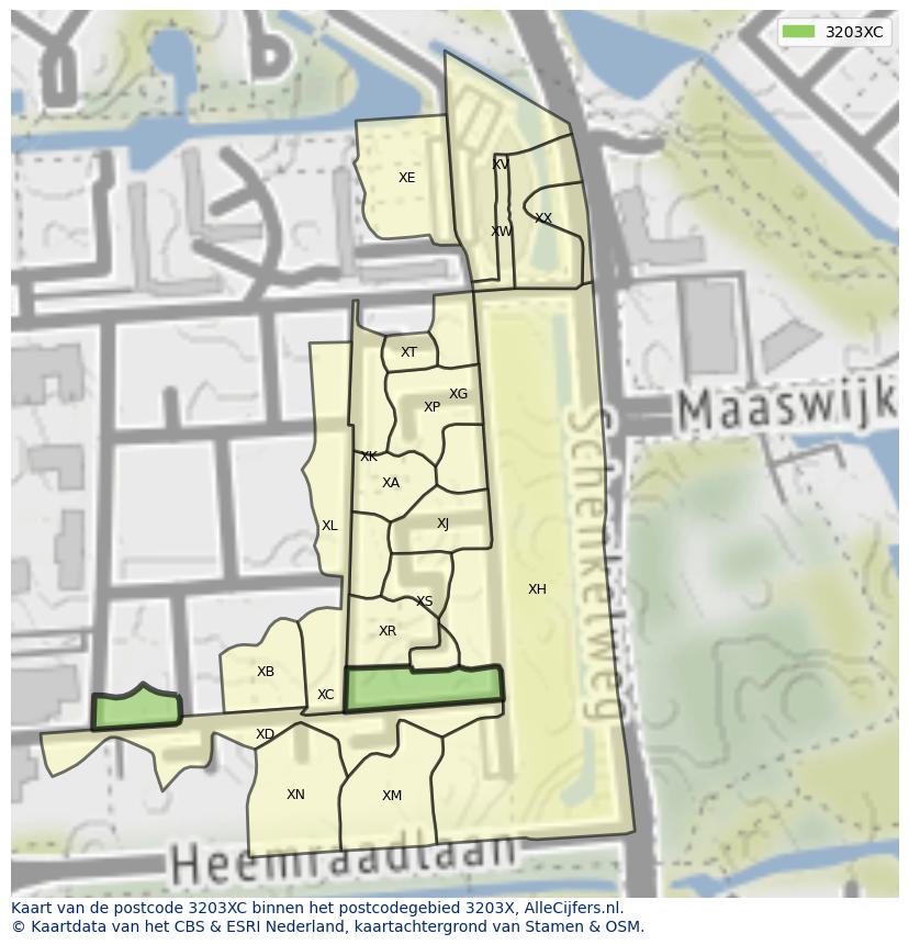 Afbeelding van het postcodegebied 3203 XC op de kaart.