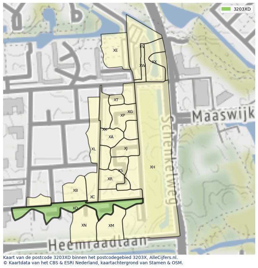 Afbeelding van het postcodegebied 3203 XD op de kaart.