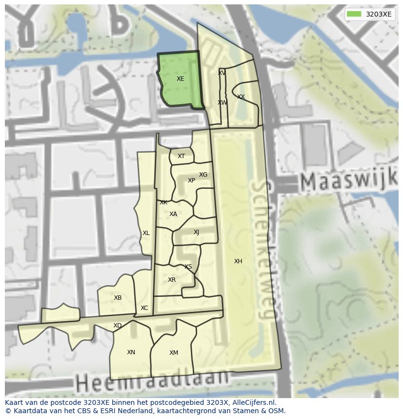 Afbeelding van het postcodegebied 3203 XE op de kaart.