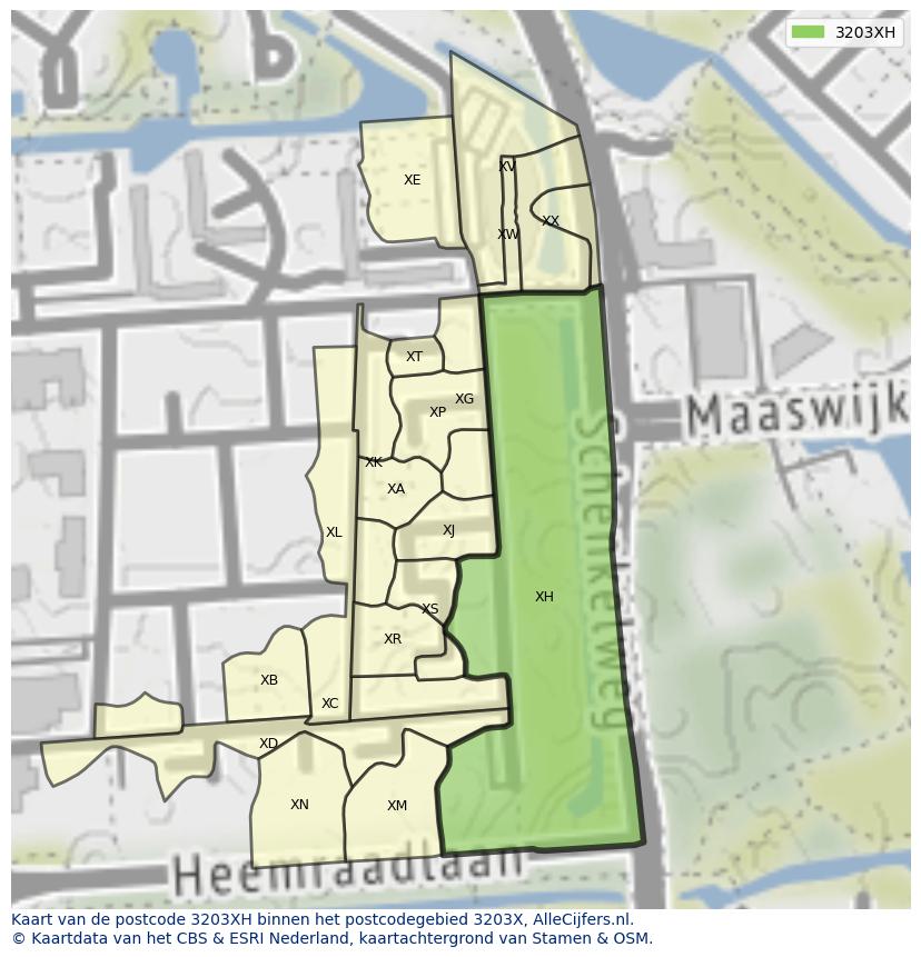 Afbeelding van het postcodegebied 3203 XH op de kaart.