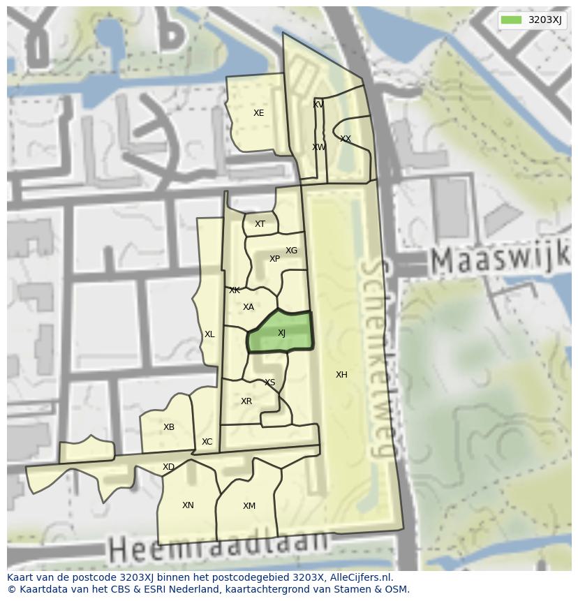 Afbeelding van het postcodegebied 3203 XJ op de kaart.