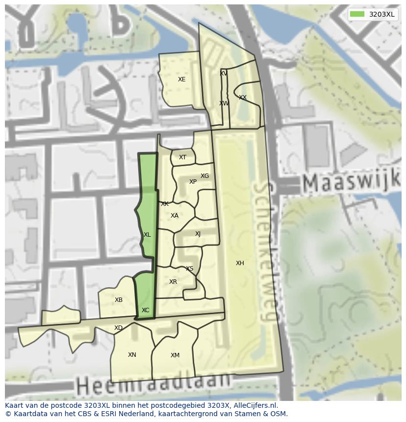 Afbeelding van het postcodegebied 3203 XL op de kaart.