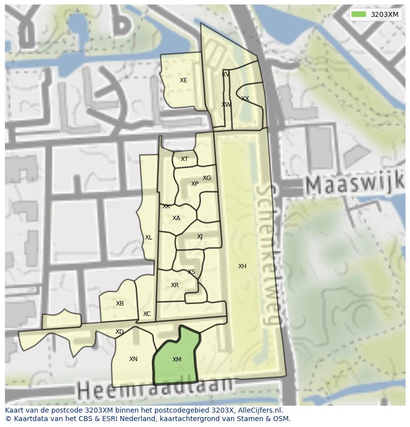 Afbeelding van het postcodegebied 3203 XM op de kaart.