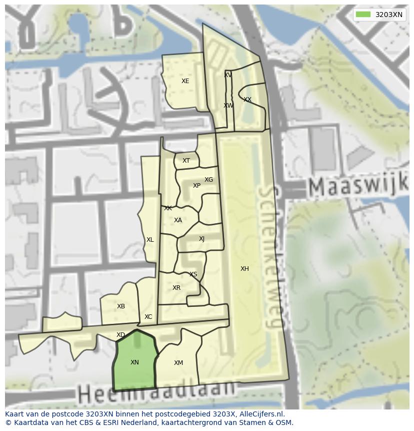 Afbeelding van het postcodegebied 3203 XN op de kaart.