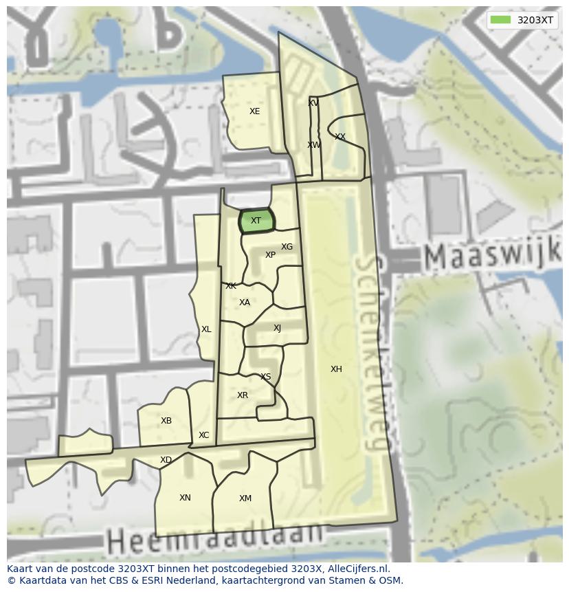 Afbeelding van het postcodegebied 3203 XT op de kaart.