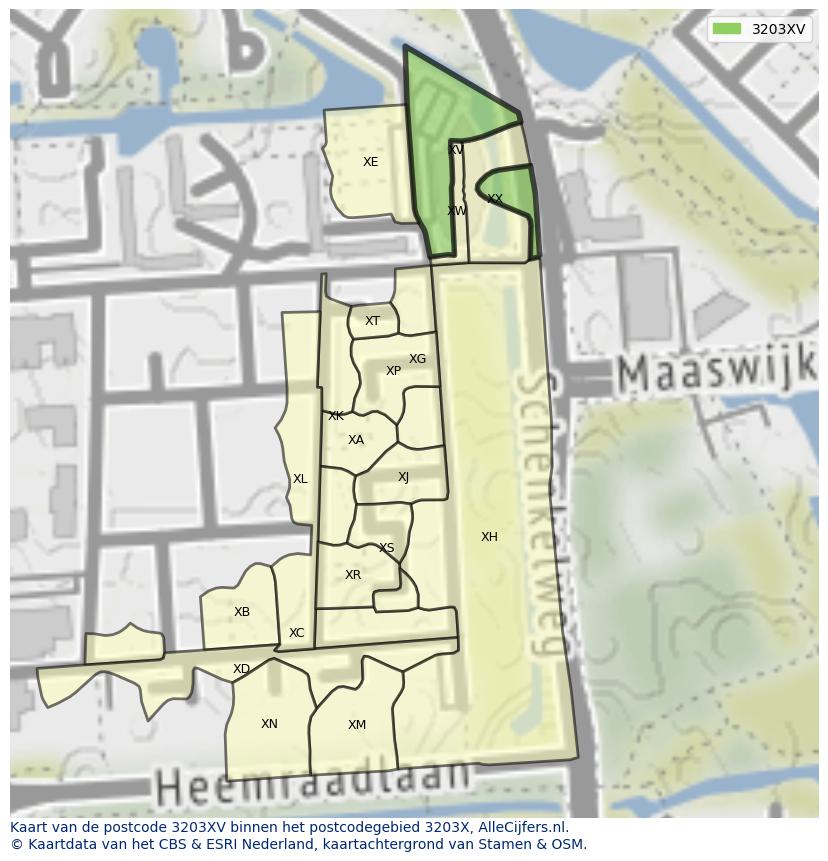 Afbeelding van het postcodegebied 3203 XV op de kaart.