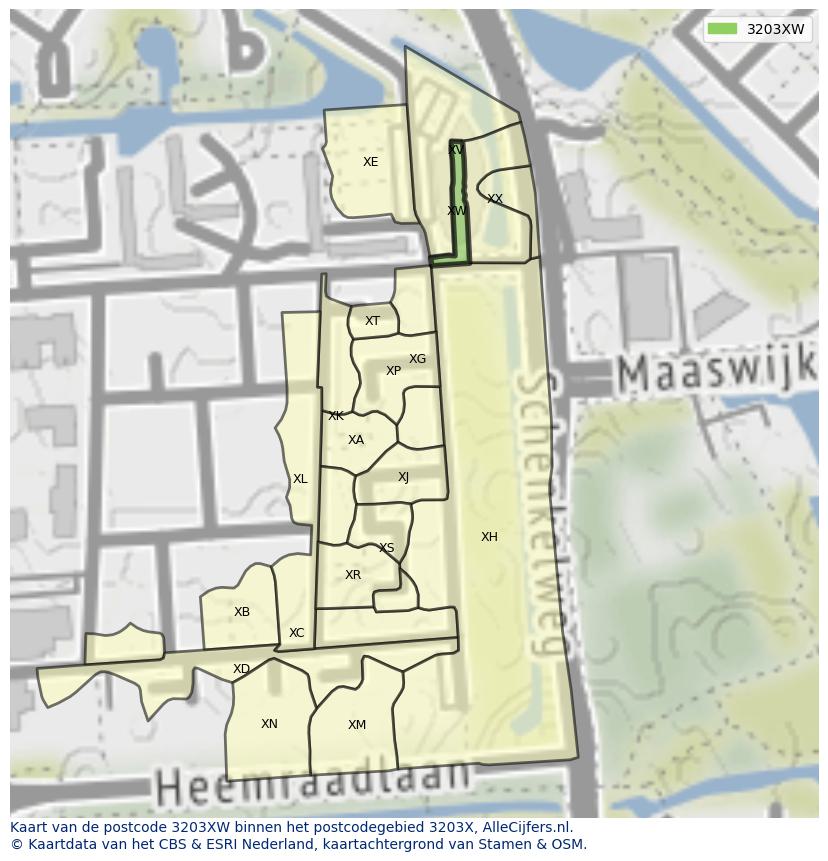 Afbeelding van het postcodegebied 3203 XW op de kaart.