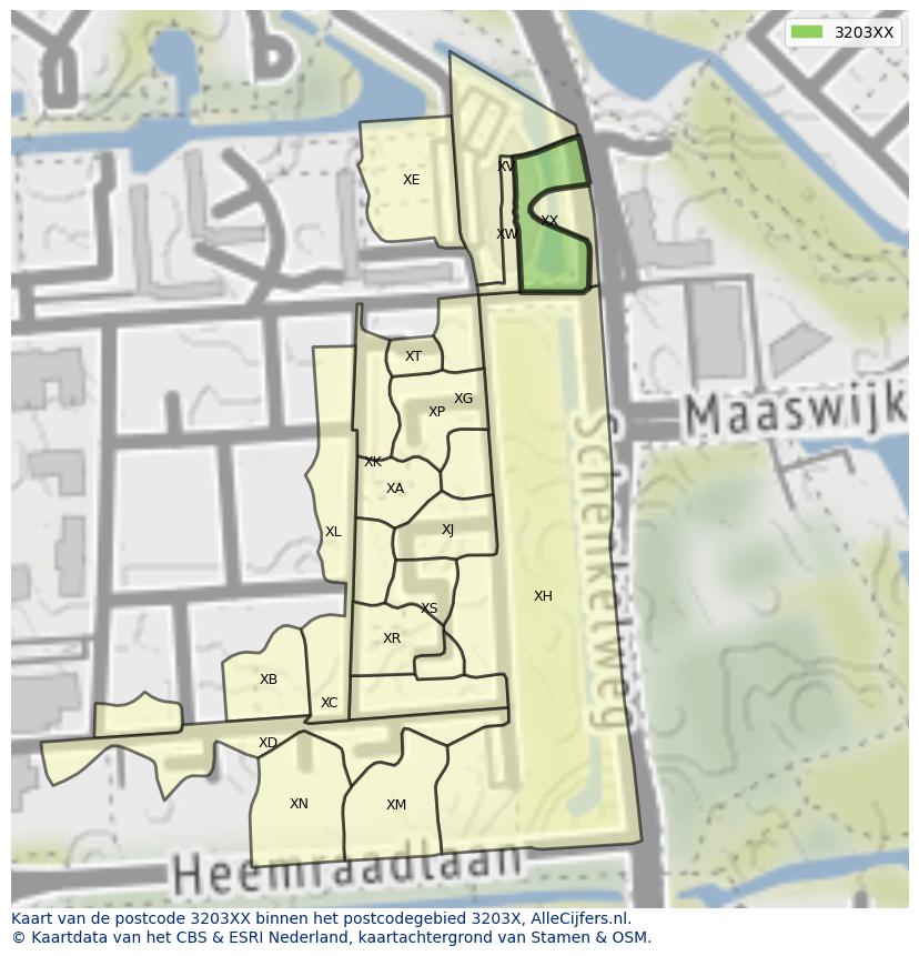 Afbeelding van het postcodegebied 3203 XX op de kaart.