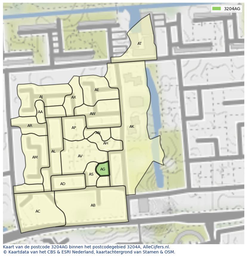 Afbeelding van het postcodegebied 3204 AG op de kaart.