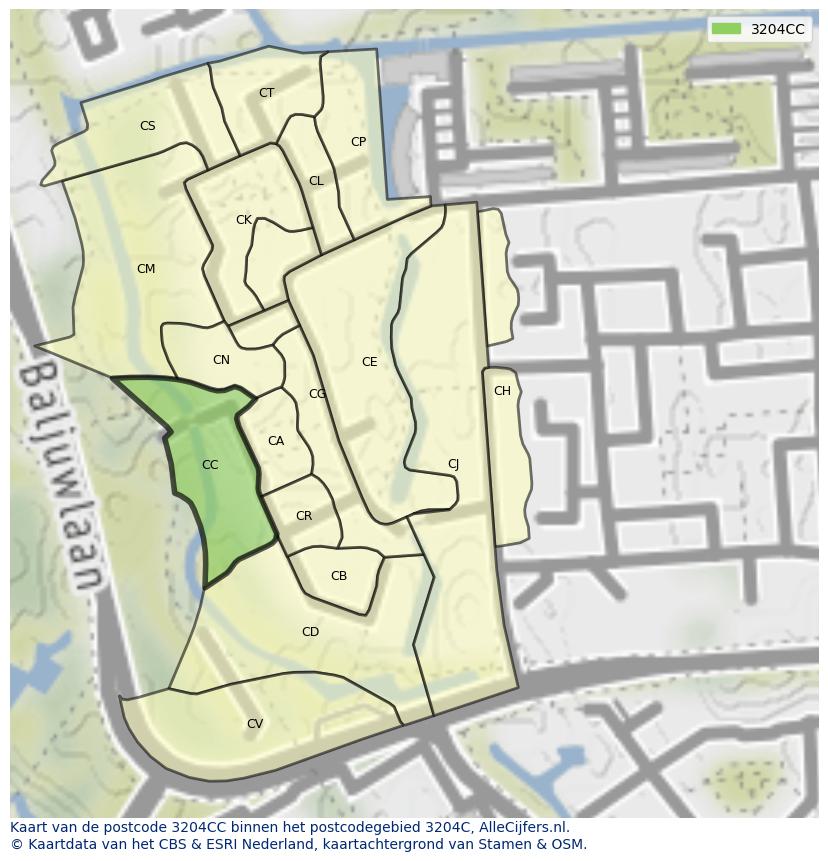Afbeelding van het postcodegebied 3204 CC op de kaart.