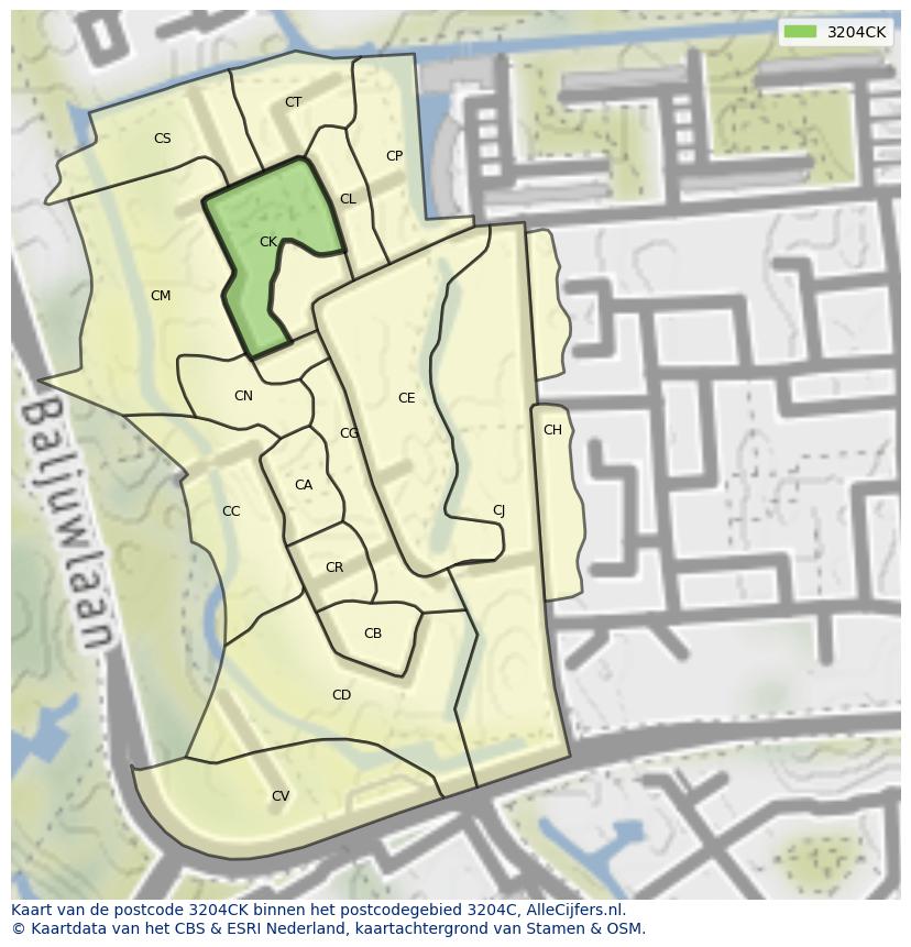 Afbeelding van het postcodegebied 3204 CK op de kaart.