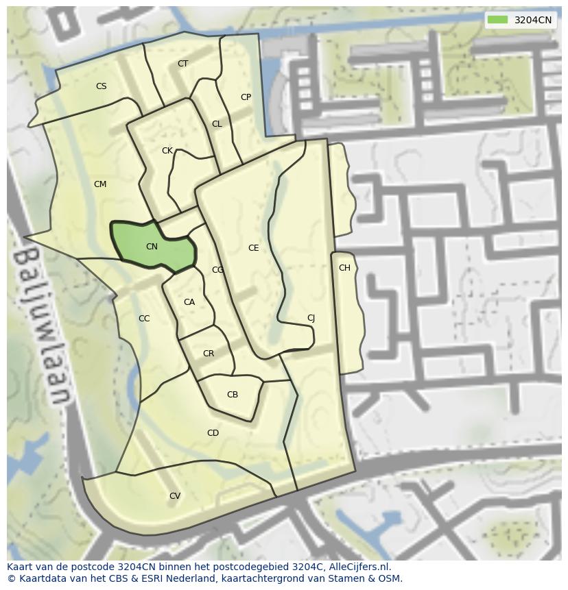 Afbeelding van het postcodegebied 3204 CN op de kaart.