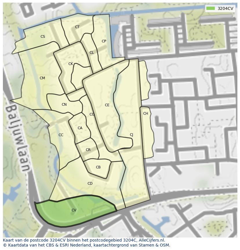 Afbeelding van het postcodegebied 3204 CV op de kaart.