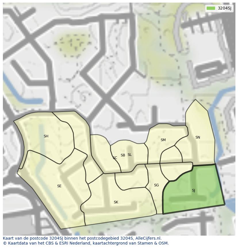 Afbeelding van het postcodegebied 3204 SJ op de kaart.