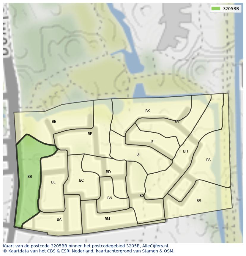 Afbeelding van het postcodegebied 3205 BB op de kaart.