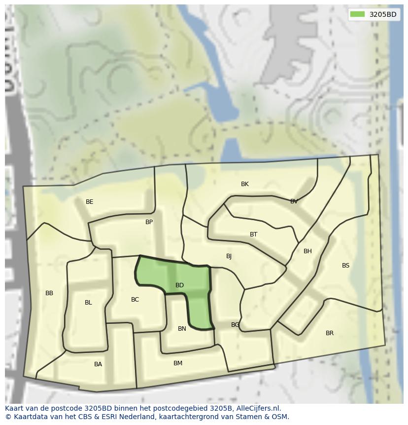Afbeelding van het postcodegebied 3205 BD op de kaart.