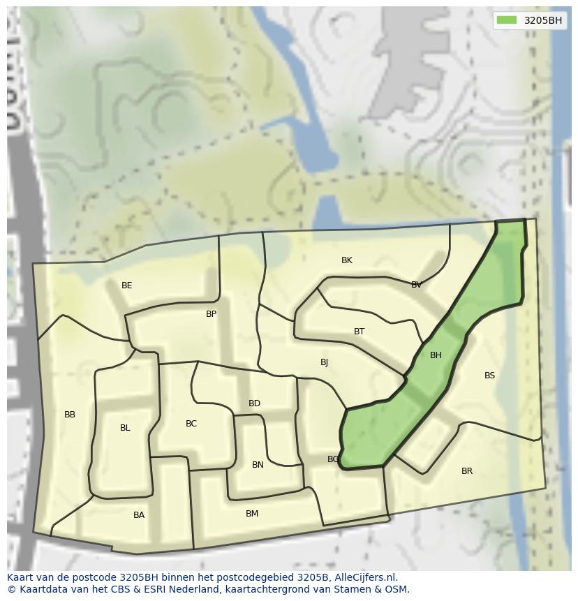 Afbeelding van het postcodegebied 3205 BH op de kaart.