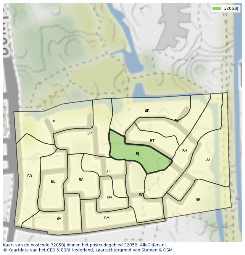 Afbeelding van het postcodegebied 3205 BJ op de kaart.