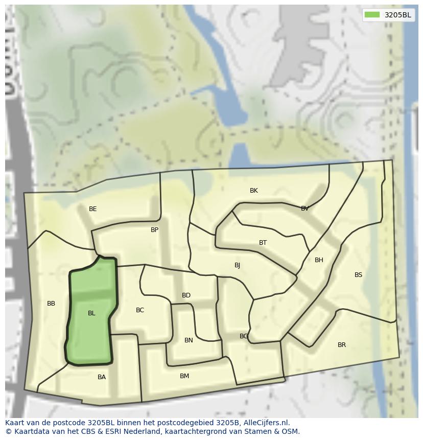 Afbeelding van het postcodegebied 3205 BL op de kaart.