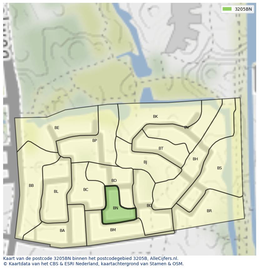 Afbeelding van het postcodegebied 3205 BN op de kaart.