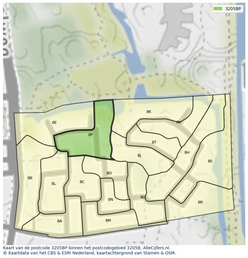 Afbeelding van het postcodegebied 3205 BP op de kaart.