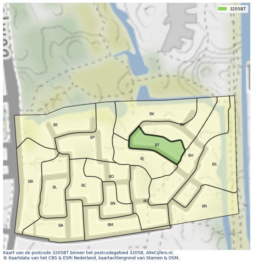 Afbeelding van het postcodegebied 3205 BT op de kaart.