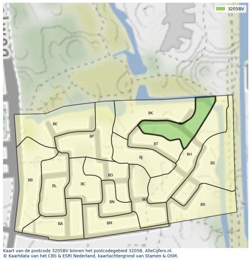 Afbeelding van het postcodegebied 3205 BV op de kaart.