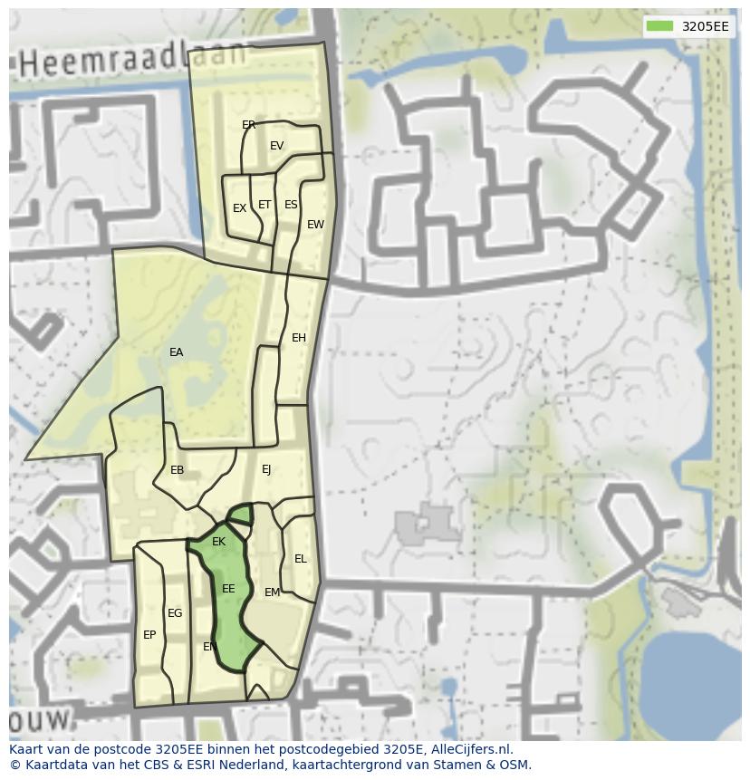 Afbeelding van het postcodegebied 3205 EE op de kaart.