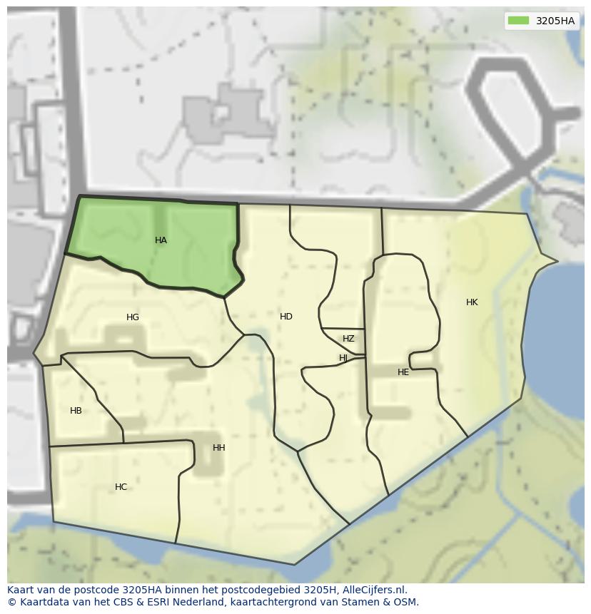 Afbeelding van het postcodegebied 3205 HA op de kaart.