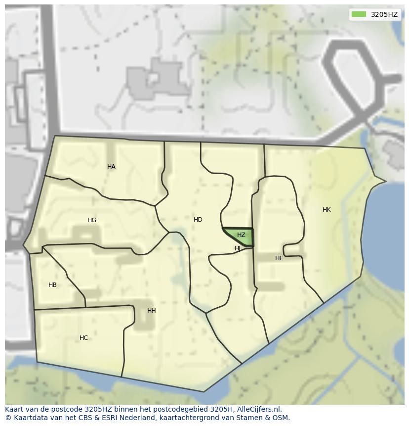Afbeelding van het postcodegebied 3205 HZ op de kaart.