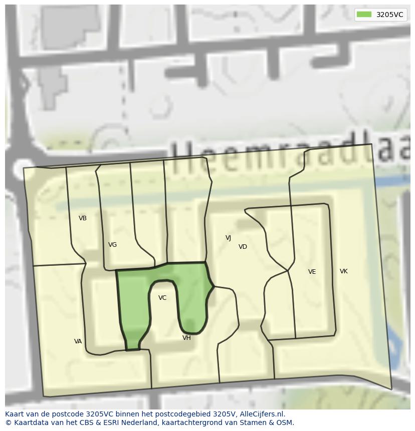 Afbeelding van het postcodegebied 3205 VC op de kaart.