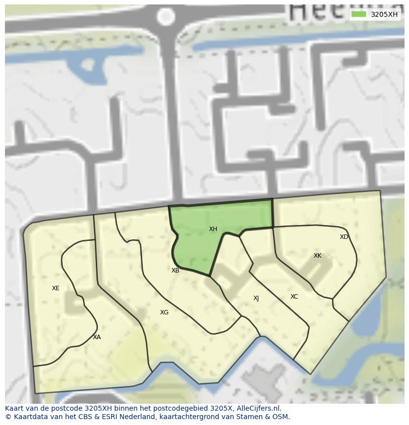 Afbeelding van het postcodegebied 3205 XH op de kaart.