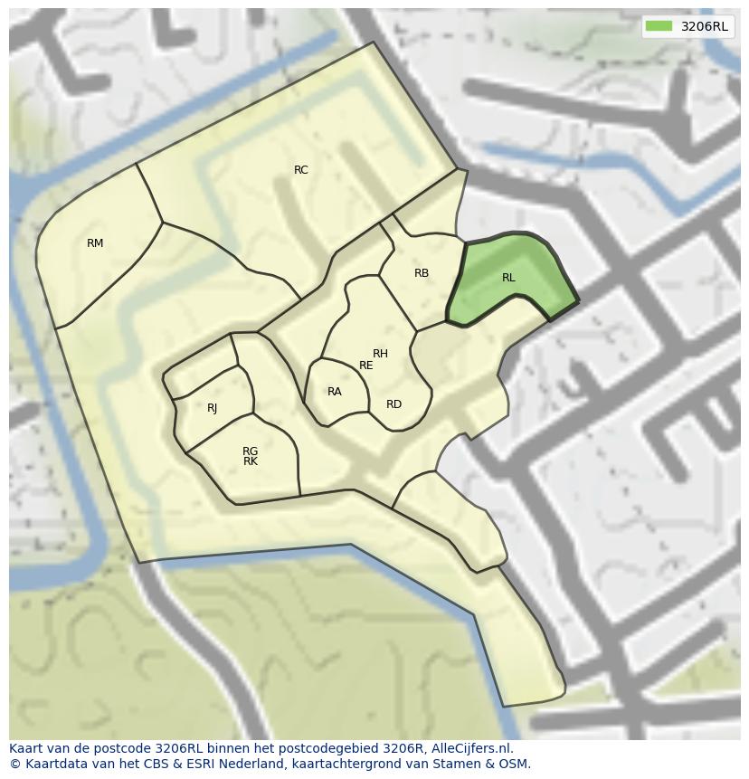 Afbeelding van het postcodegebied 3206 RL op de kaart.