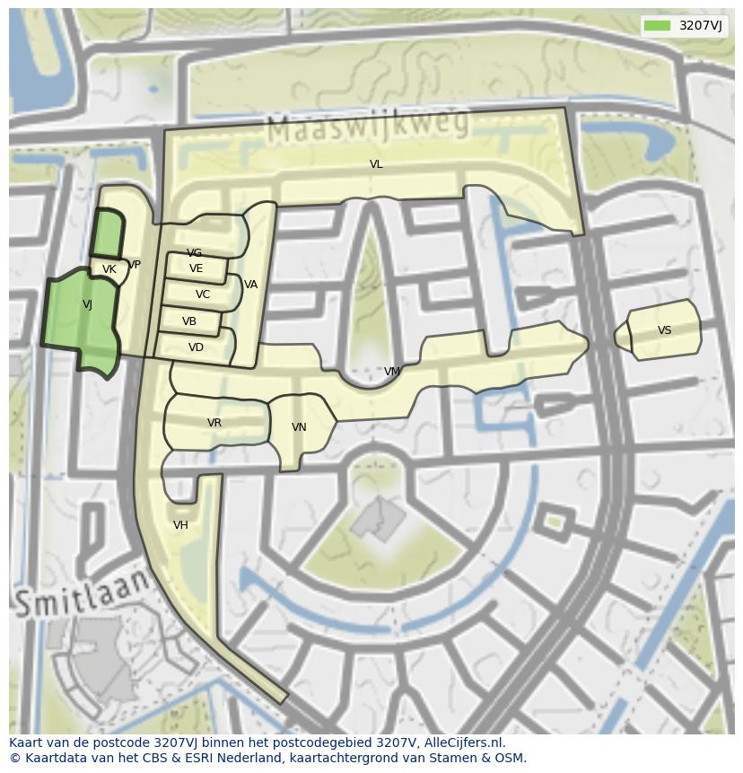 Afbeelding van het postcodegebied 3207 VJ op de kaart.