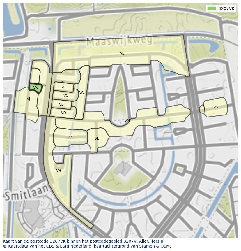 Afbeelding van het postcodegebied 3207 VK op de kaart.