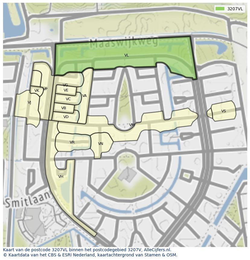 Afbeelding van het postcodegebied 3207 VL op de kaart.