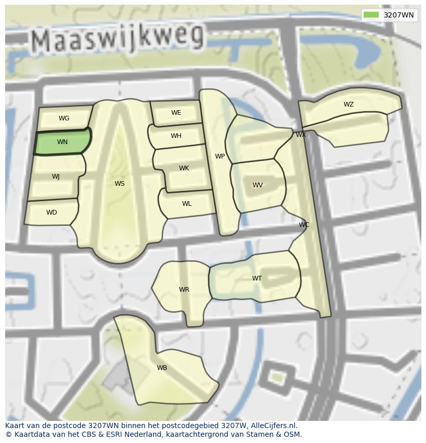 Afbeelding van het postcodegebied 3207 WN op de kaart.