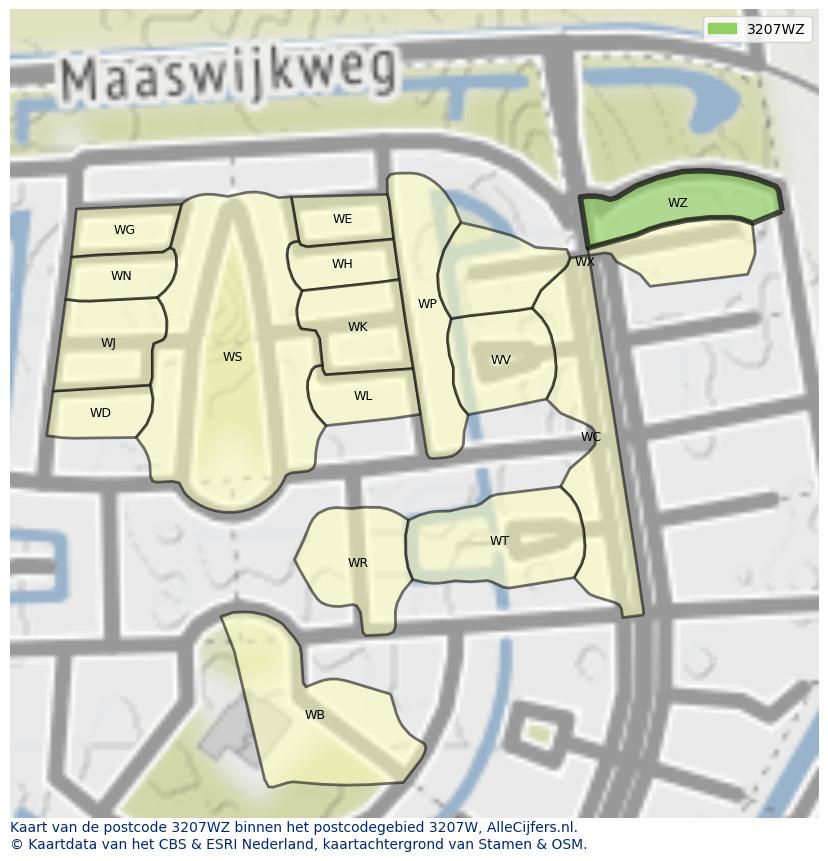Afbeelding van het postcodegebied 3207 WZ op de kaart.
