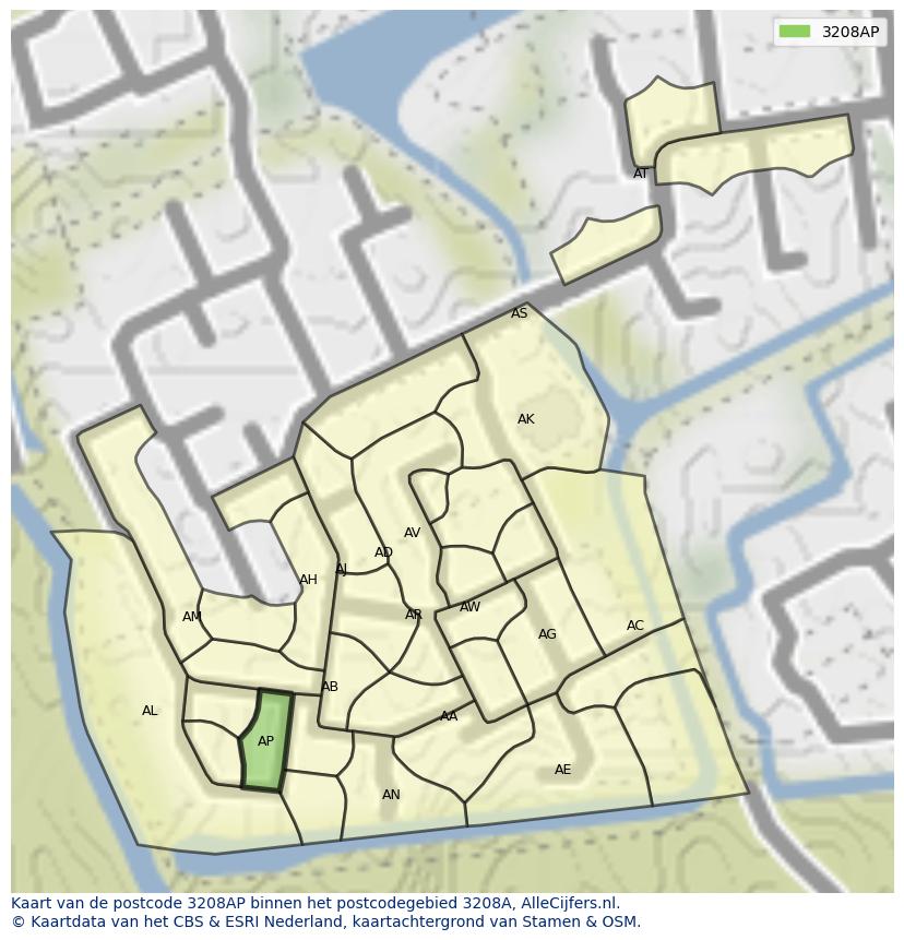 Afbeelding van het postcodegebied 3208 AP op de kaart.