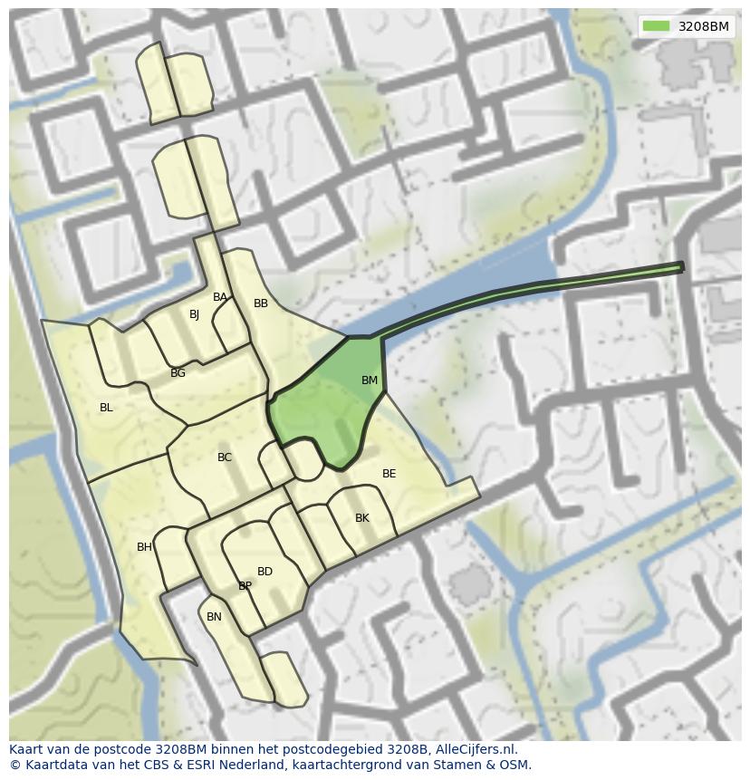 Afbeelding van het postcodegebied 3208 BM op de kaart.