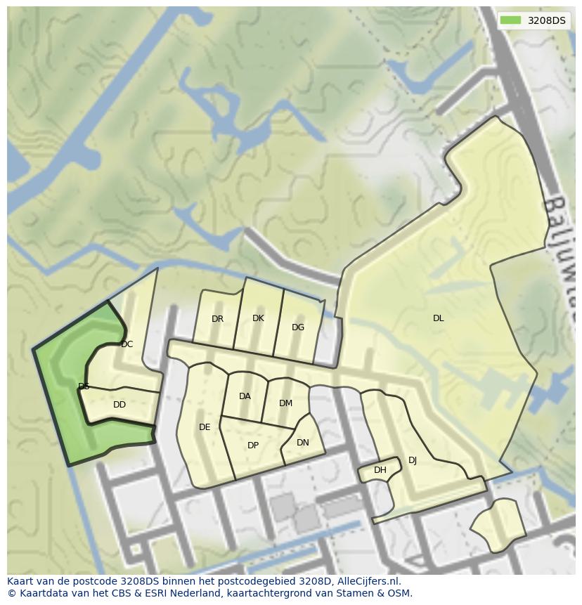 Afbeelding van het postcodegebied 3208 DS op de kaart.