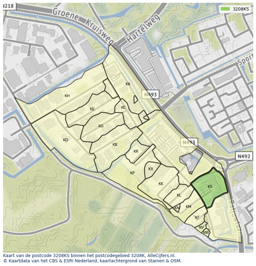 Afbeelding van het postcodegebied 3208 KS op de kaart.