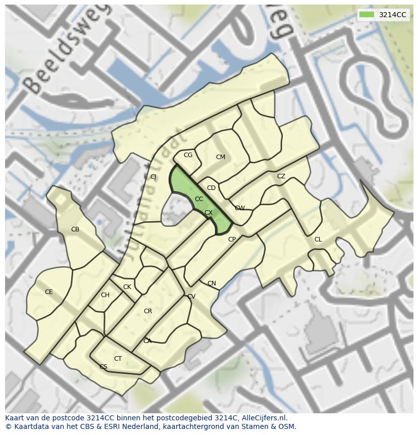 Afbeelding van het postcodegebied 3214 CC op de kaart.